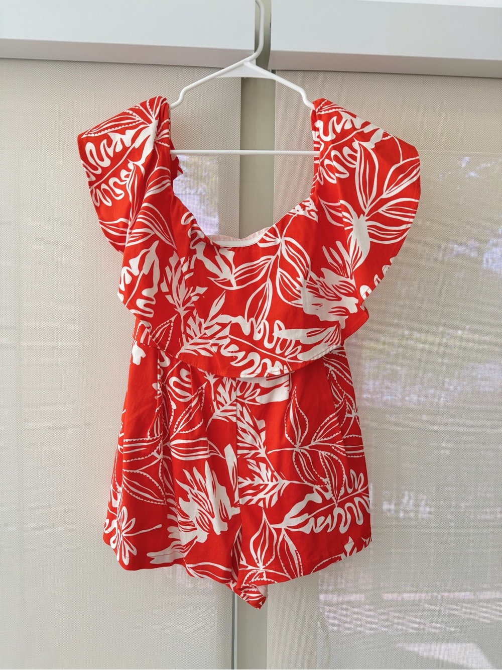These Three Boutique Flying Tomato Orange Tropical Print Off-The-Shoulder Romper
